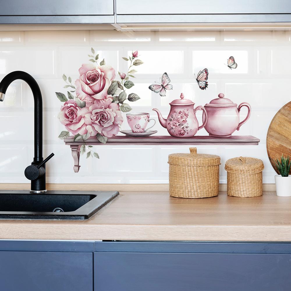 Watercolour Roses Tea Set Background Landscaping Decorative Wall Stickers
