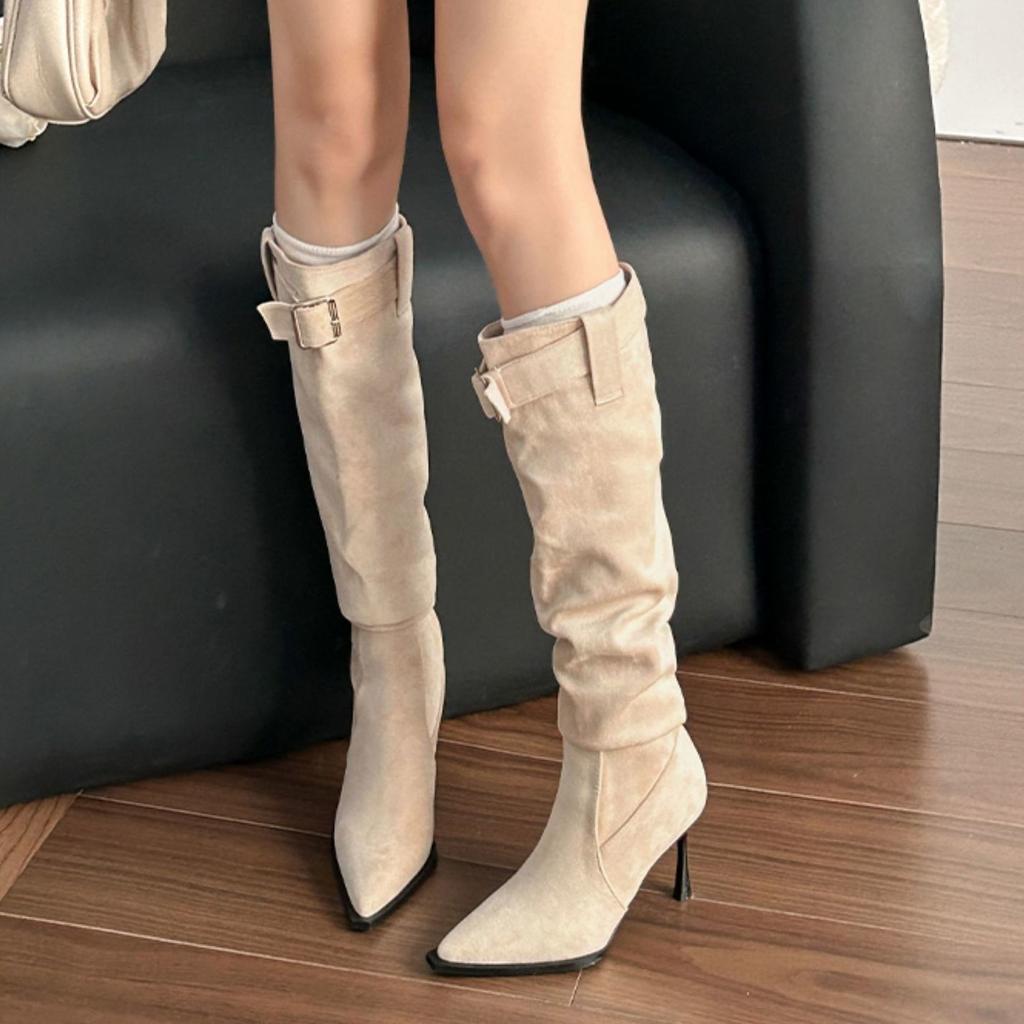 Boots Pile Pointed Year Skinny Boots Belt Buckle Long Boots Fine Heel Western Travel
