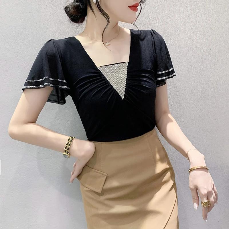 New Summer Women Tops Sexy V-Neck High Stretch Slim T-shirts Female Short Sleeve Mesh Hot Diamonds Tees All Match Casual Blusas