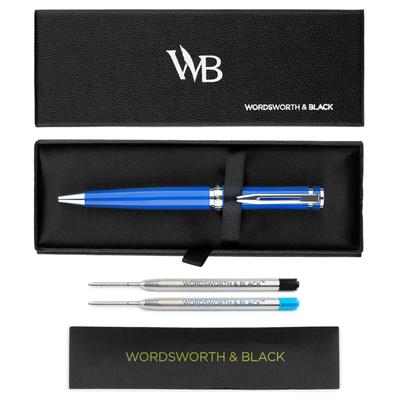 Wordsworth and Black Ballpoint Pen In Blue Lacquer Stunningly Luxurious Chrome Finish with Ink Gift for Men Beautiful Fine Nib - Refills, & Women,