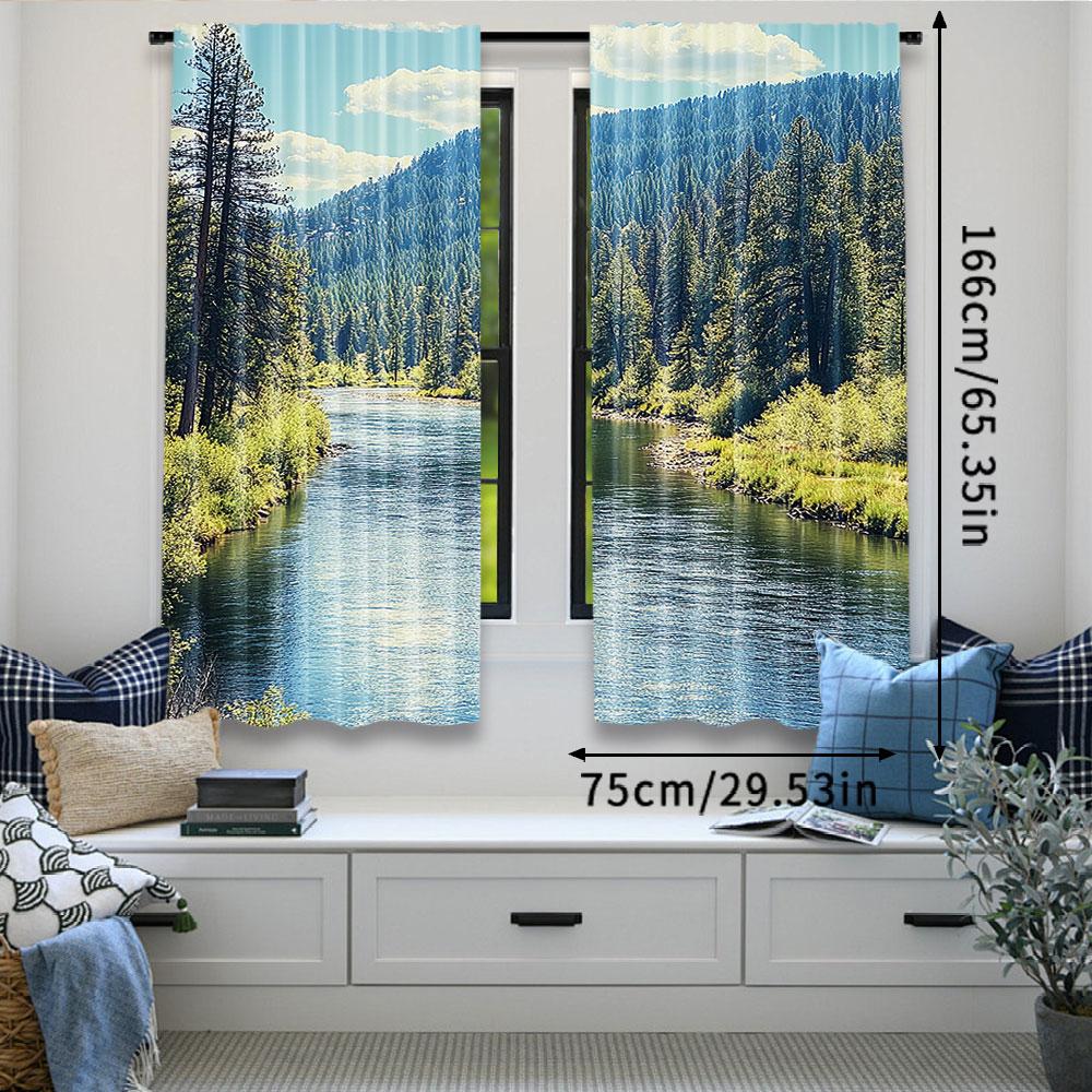 Landscape Curtains Scenic Mountain Pine Trees Flowing River Foliage Daytime Nature View Bedroom Living Room Set Of 2 Made Polyester Area Decor