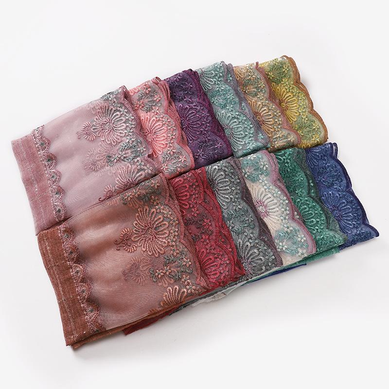 Glitter Scarf Islamic Long Shawls Wraps Luxury Flower Headscarf Headband New Embroidered Lace Sequins Hijab Stitching Splicing