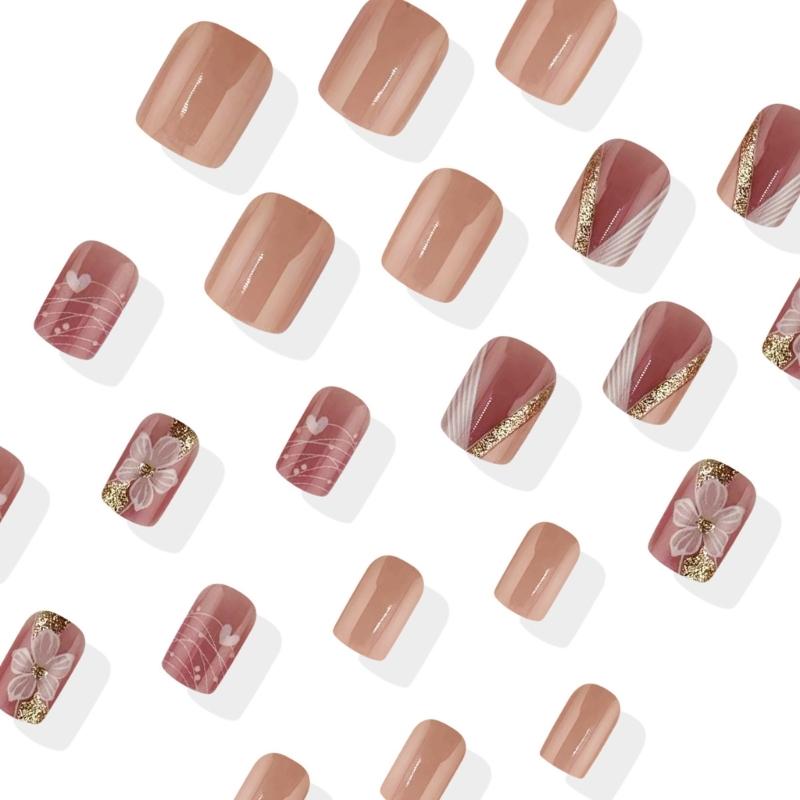 24Pcs Artificial Nail White Floral Heart Patterns Press On Nail Full Cover Acrylic Nail For Daily Wear And Special Event