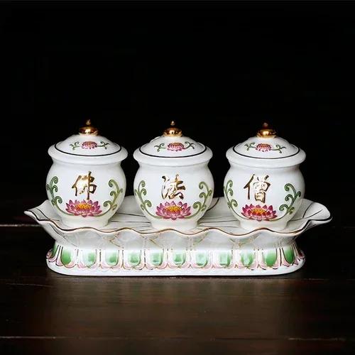 Chinese ceramic Guanyin water supply cup, three supply cups, Buddha cup offering ornaments feng shui  Buddhism
