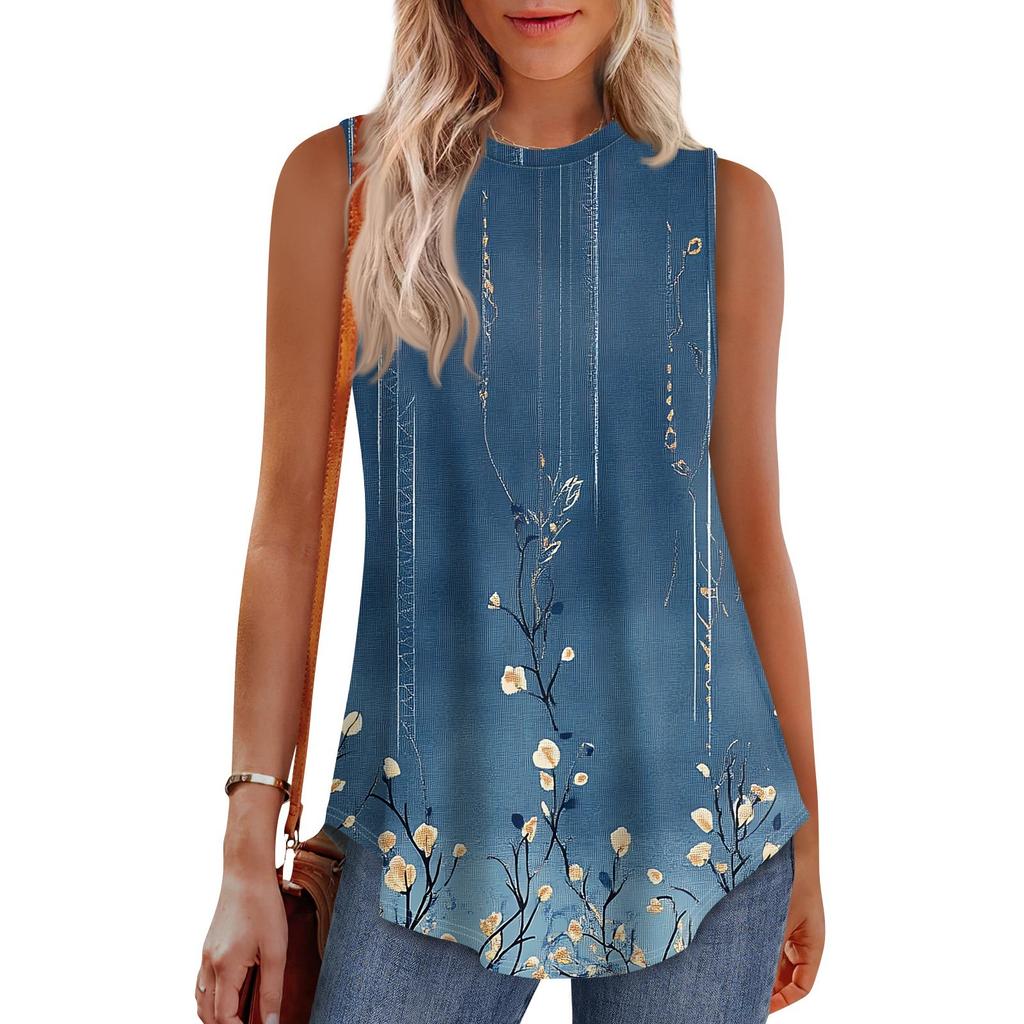Women's Fashion Casual Sleeveless Vest Vintage Print Crew-neck Sleeveless Top