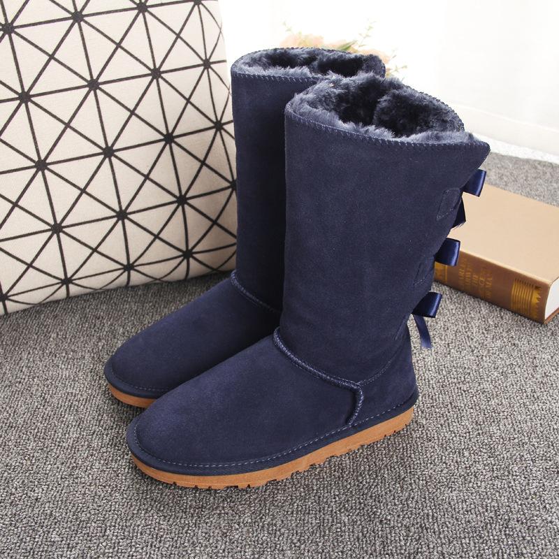 Winter Neue Damen High Top Rindsleder Schneestiefel mit Fliege und Samtboden warme Schneestiefel
