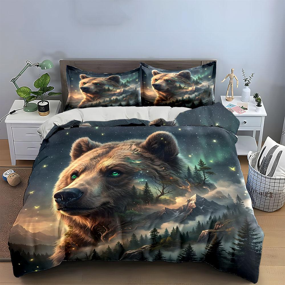 Mystical Bear Forest Design Bedding Duvet Cover Set (1*Duvet Cover 2*Pillowcases, without duvet insert)