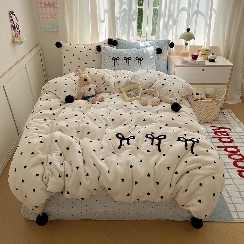 Girl Sweetheart Bow Embroidery Towel Embroidery Printing Thickened Milk Fleece Four-Piece Set