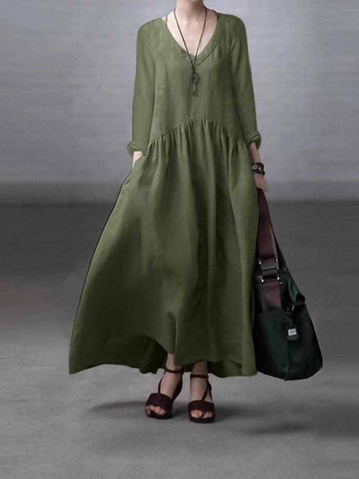 

New spring and autumn fashion long-sleeved V-neck cotton and linen vest skirt women s casual solid color loose long dress 5XL армія зелений колір