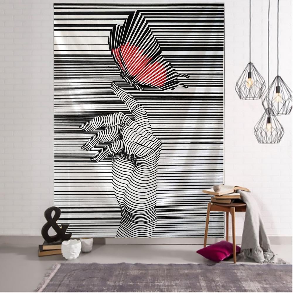 Tapiserie cu desen de linie Kiss Agățat pe perete Decor Boho Tapiserie psihedelic Kiss pentru agățat de perete abstract