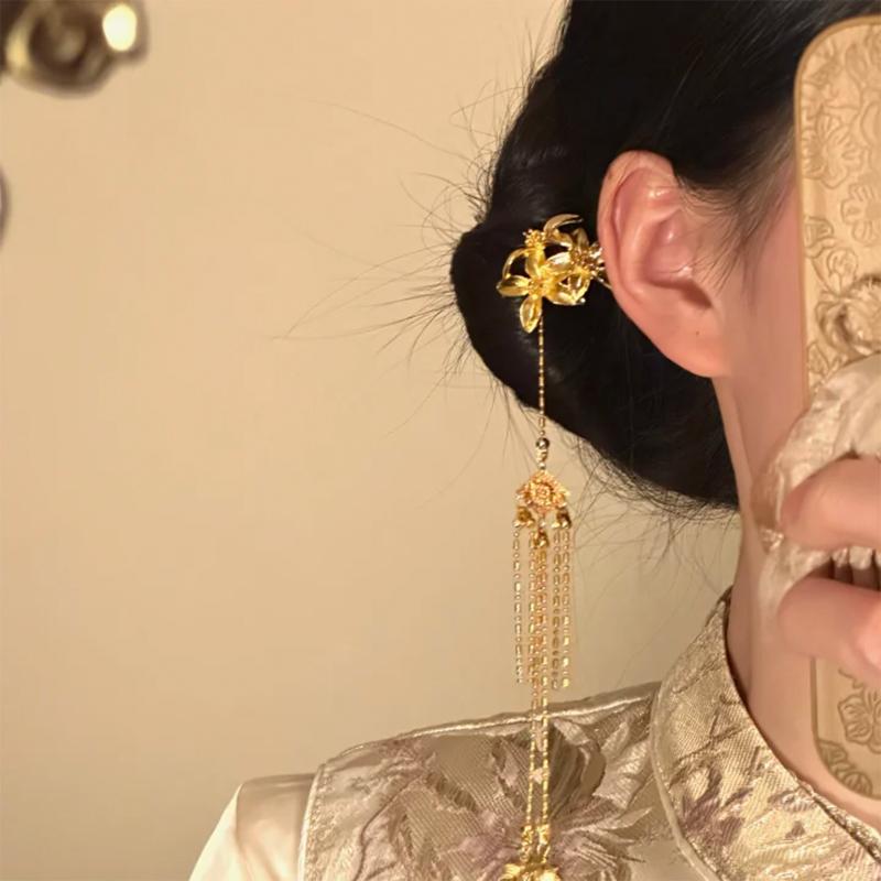 Vintage Chinese Style Pearl Tassel Hair Clips Enamel Flower Hair Pins For Women Hanfu Wedding Hair Accessories