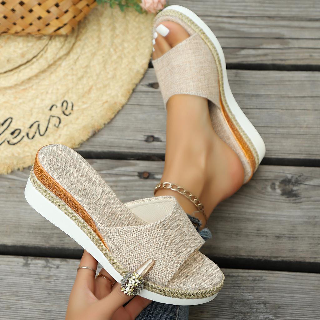 New Muffin and Open-toed Cold Slippers, One-word Dragging Hemp Rope Platform Women's Shoes On Cloth