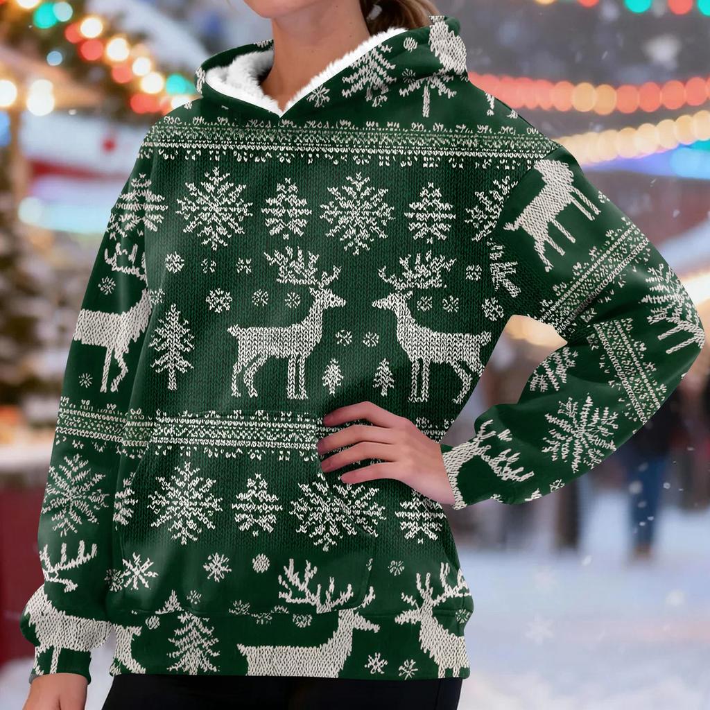 Women's Fashion Casual Long Sleeve Christmas Printed Hooded Sweatshirt