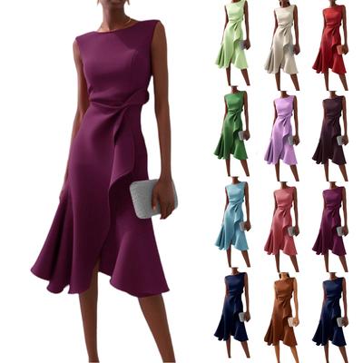 Women's Color Fashion O,Neck Sleeveless Pleated Slim,fit Dress