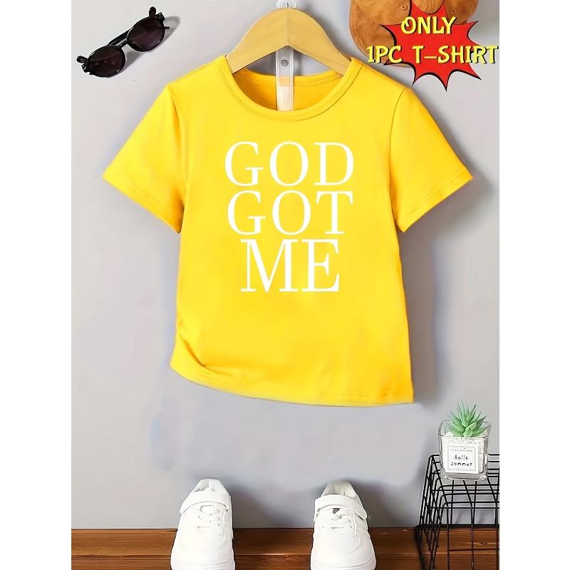 European Sizes Boys' "GOD GOT ME" Letter Print Novelty Simple and Comfortable T-shirt, Summer Children's Top