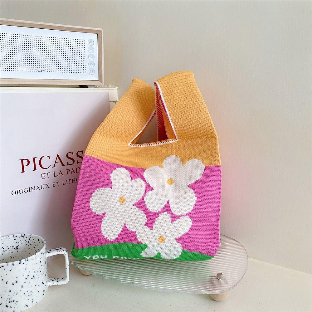 Reusable Mini Shoulder Bag Women Girls Casual Color Knot Wrist Bag Handmade Tote Bag Knit Handbag