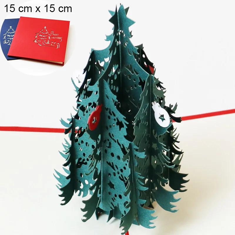Merry Christmas Cards 3D Pop Up Christmas Tree Cards Christmas Decoration Winter Gift Laser Cut New Year Santa Greeting Cards