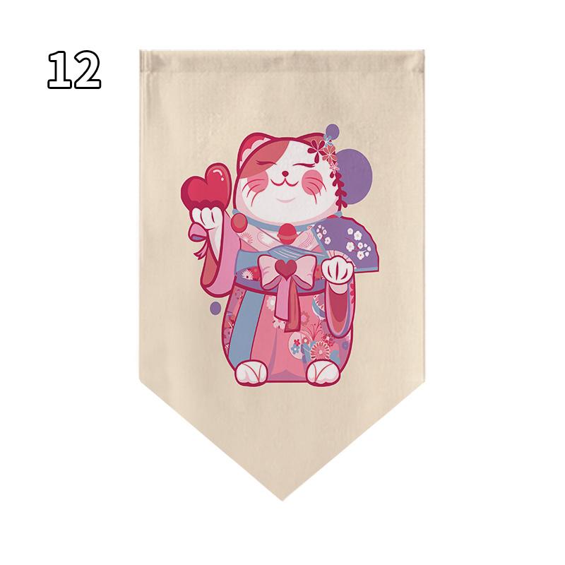Japanese Style Lucky Cat Pattern Short Curtain Kitchen Door Partition Triangle Flag Restaurant Hanging Half Curtain Pennant
