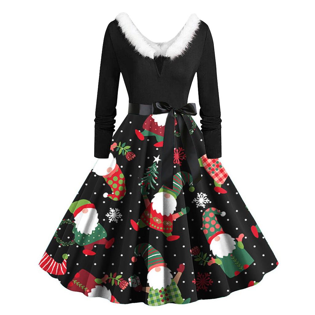 Women's Casual Christmas Print Round Neck Pullover High Waist Long Sleeve Dress
