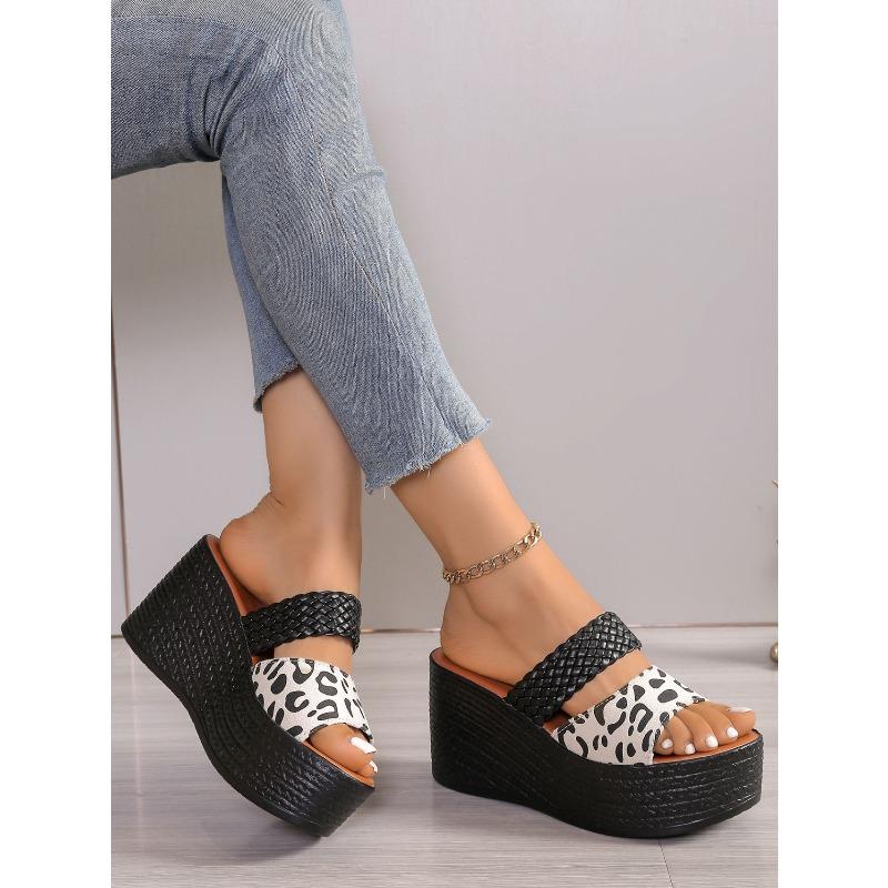 Leopard Print Open-Toe Platform Slippers for Women, Plus Size Thick-Soled Slippers