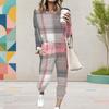 Women Plus Size Geometric Printed Round Neck Long Sleeve Cuffed Top And Pants Two Piece Set