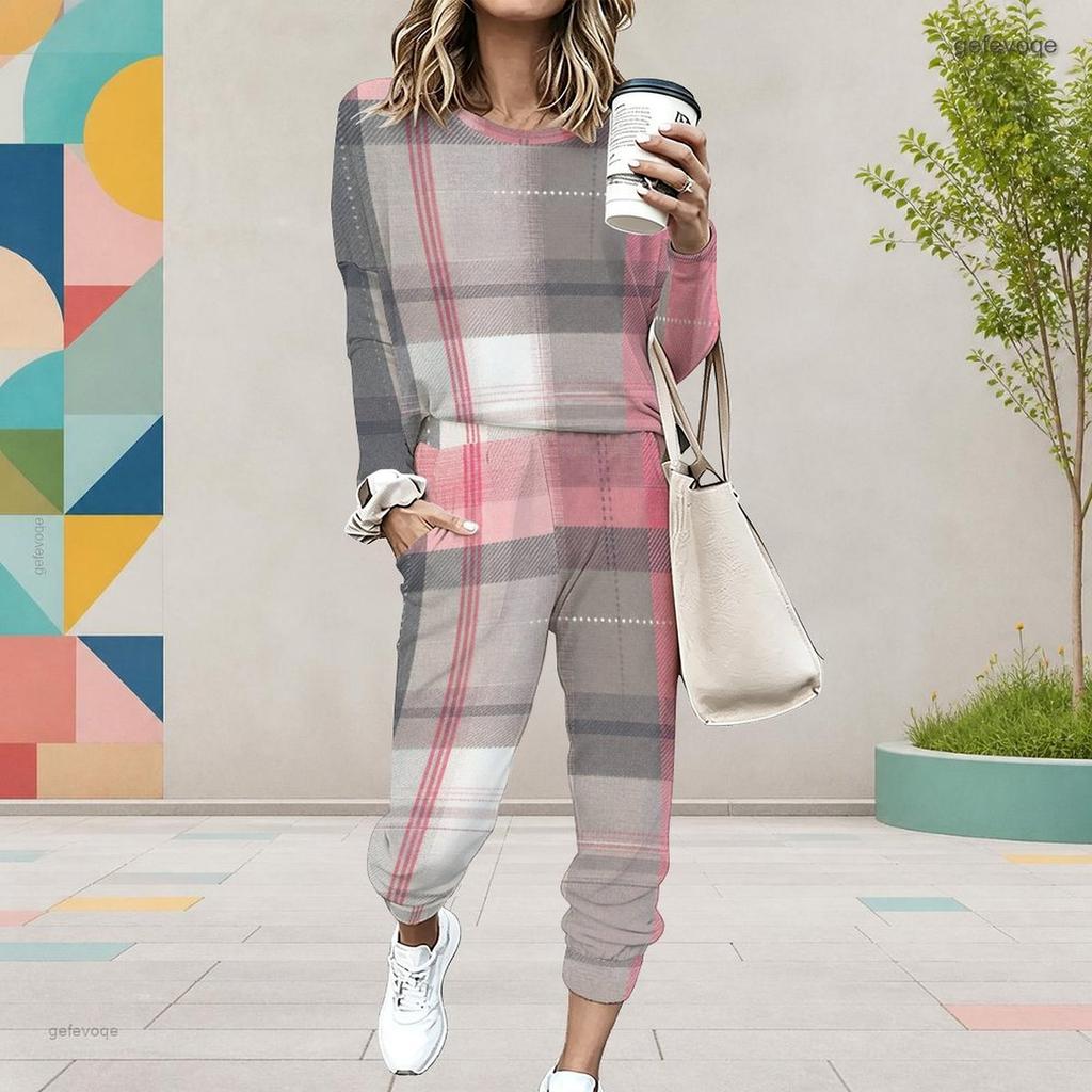 Women Plus Size Geometric Printed Round Neck Long Sleeve Cuffed Top And Pants Two Piece Set