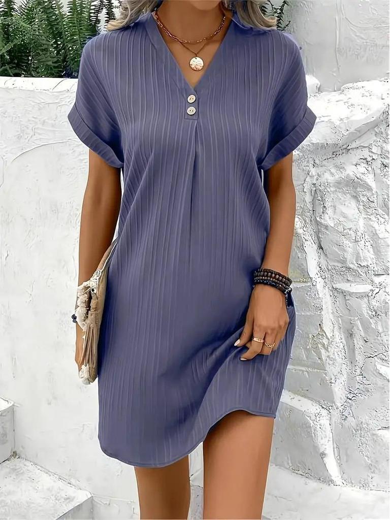 Elegant 2025 Women's V-Neck Solid Color Casual Button Dress
