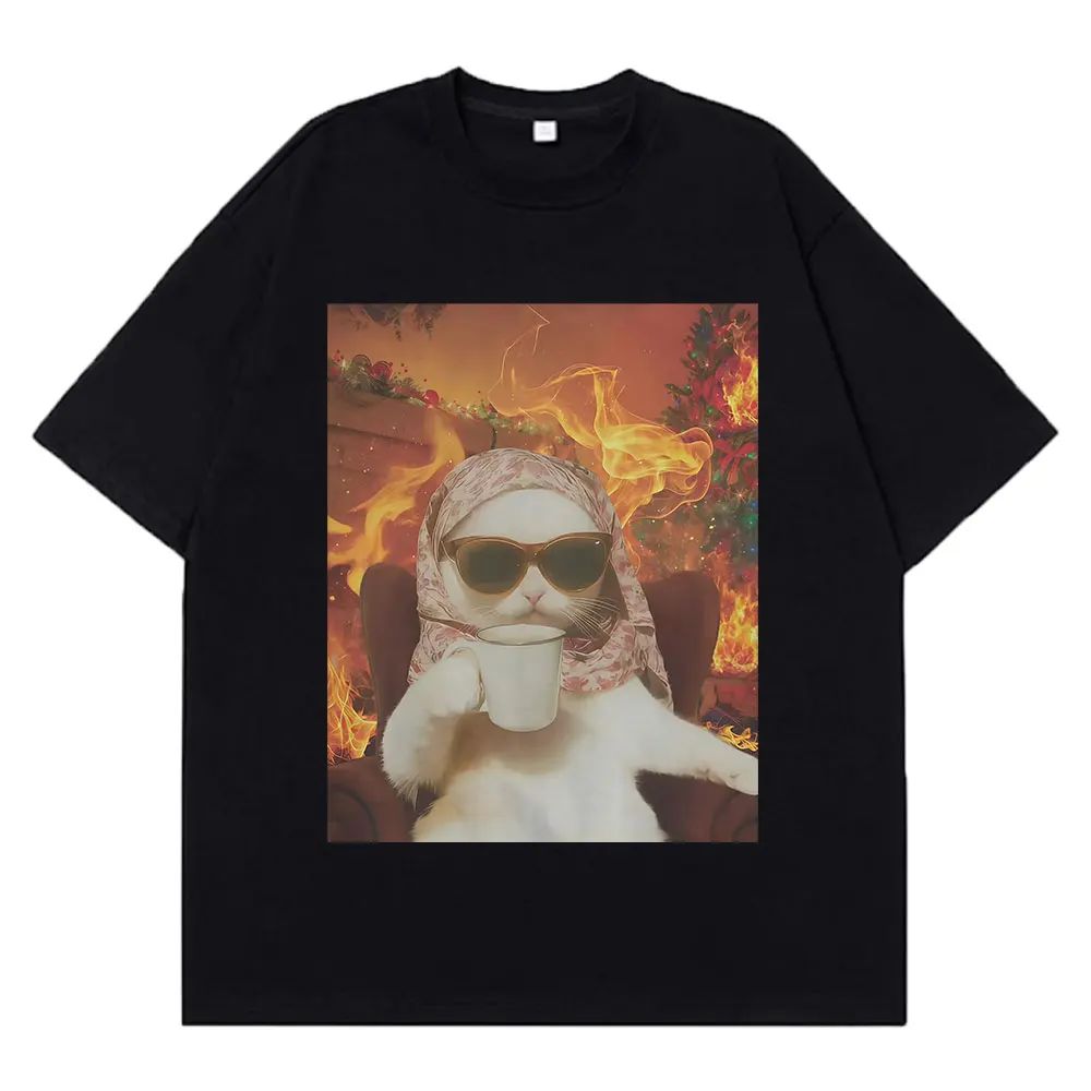 Hiphop Tops I Chill Cat Xmas Funny Cat Meme Tshirt Casual Loose Tshirt Summer Aesthetic Fashion Print Tshirts Unisex