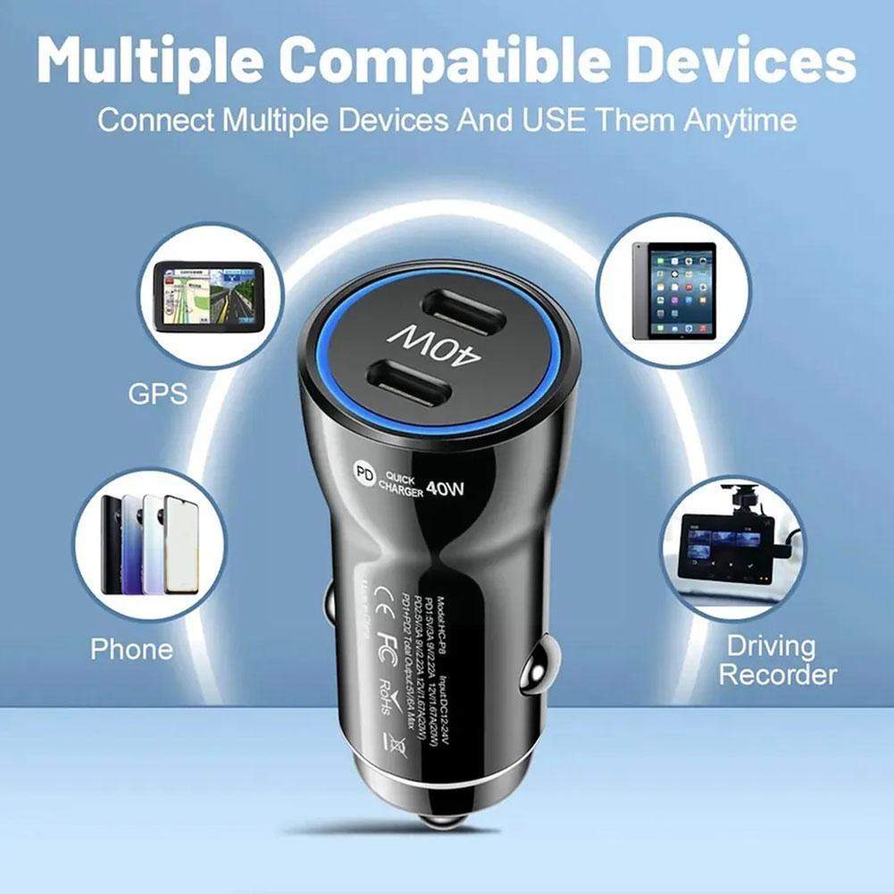 40W Car Charger Type C Quick Charge 3.0 Dual PD Phone Adapter 5V3A Car Cigarette Lighter For IPhone 14 For Huawei For Xiaom T7J1
