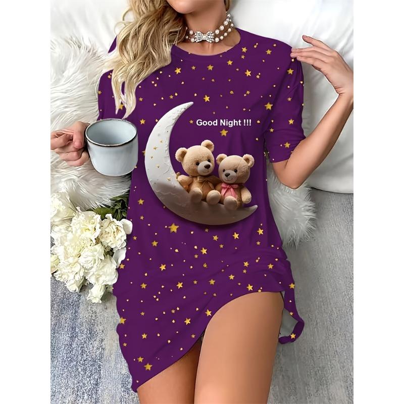 Summer Women's Nightgown Cute Round-Neck Short-Sleeve Dachshund Print Dress—Comfortable and Breathable Loungewear for Home