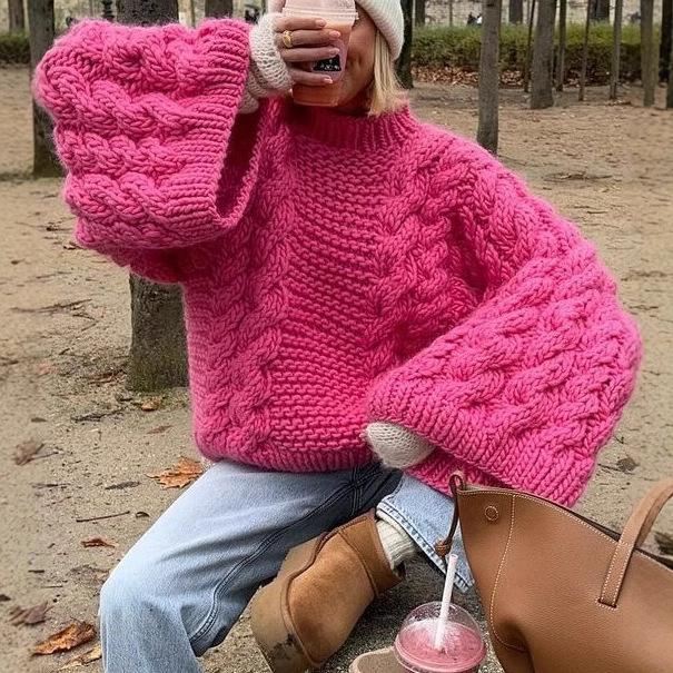 Crew Neck Wide Sleeve Sweater Loose Lazy Versatile Solid Color Fashion Temperament Versatile Knitted Top Women