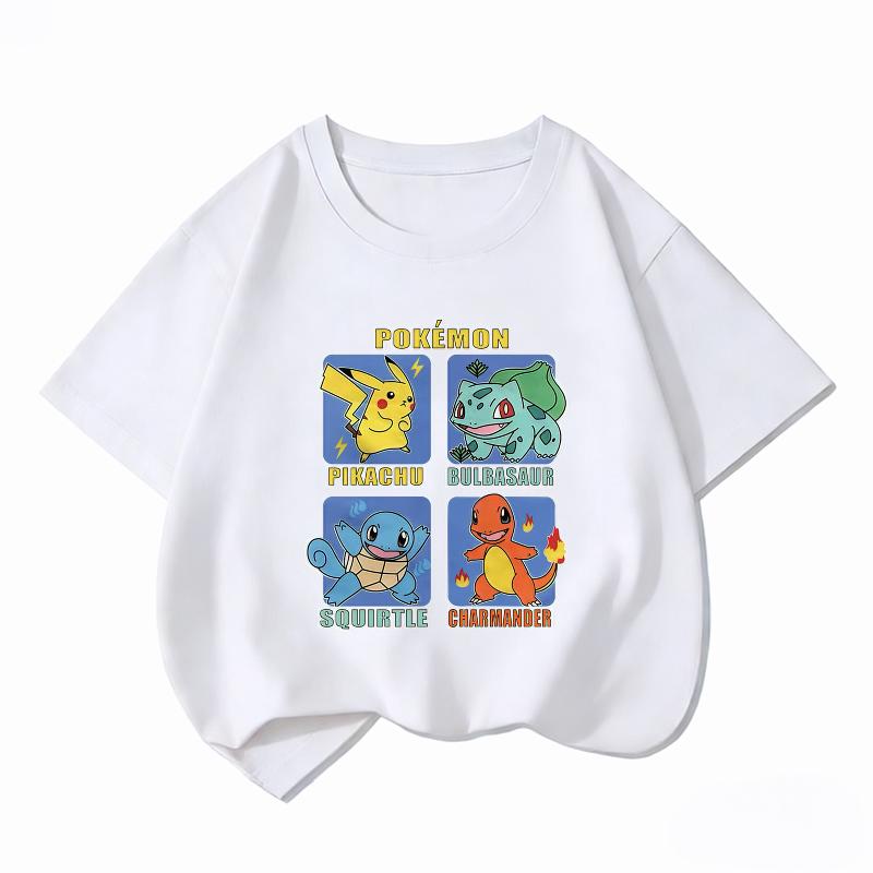 Potdemiel Kids Cotton Tshirt Cute Pikachu Cartoon Print Summer Short Sleeve Boys Girls Casual Crew Neck Tops