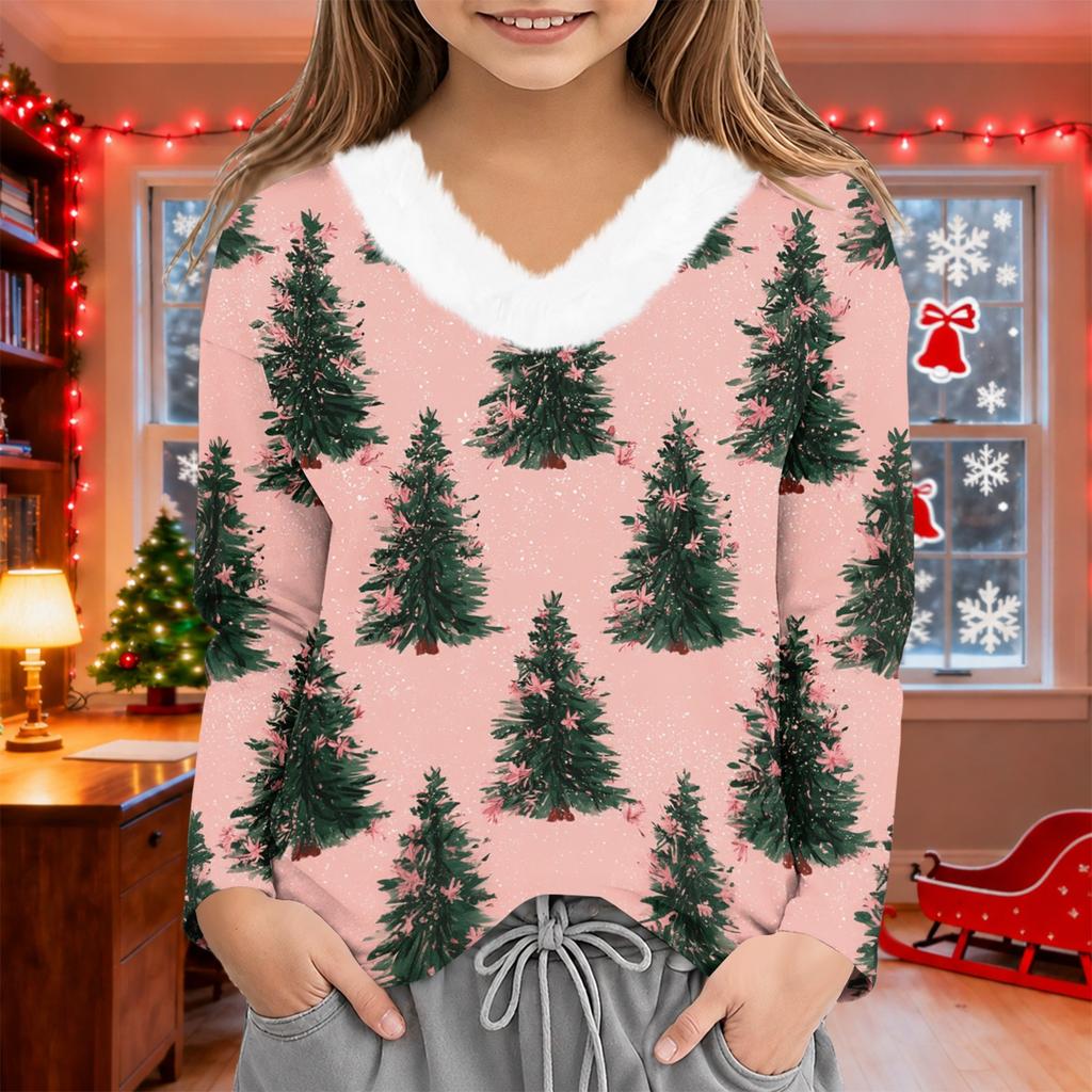 Girls Christmas Shirt Plush V-Neck Printed Winter Base Layer Top for Little Girls