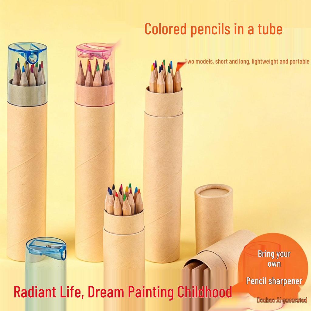 Log Color Pencil Holder & Brush Set with Sharpener - 6 Pencils, 12 Colors, Customizable Logo