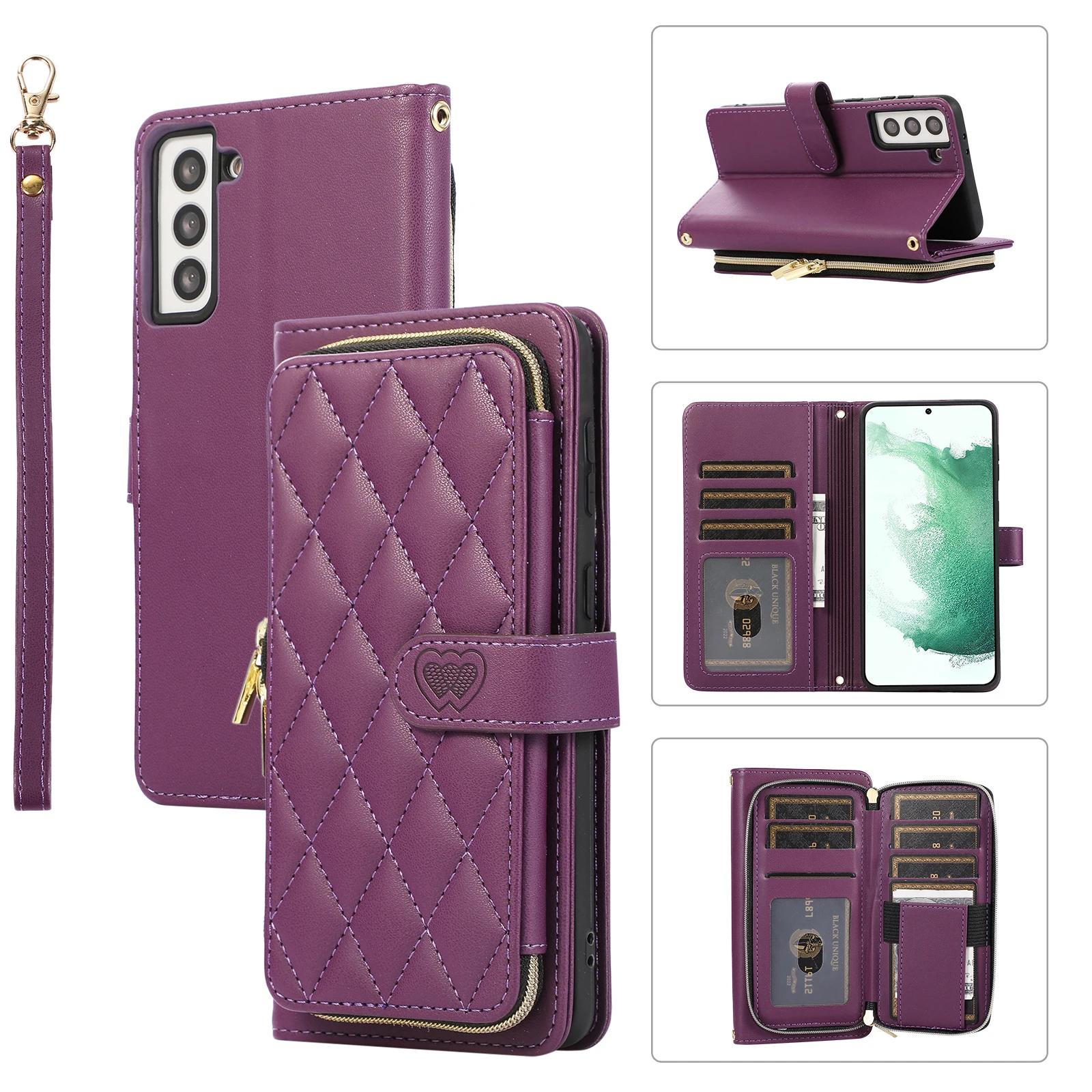 

Cards Bag Zipper Wallet Purse Pocket Leather Case For Samsung Galaxy S23 S24 Ultra S22 Plus S21 FE A14 A54 A34 A53 Strap Cover For Galaxy S20Ultra
