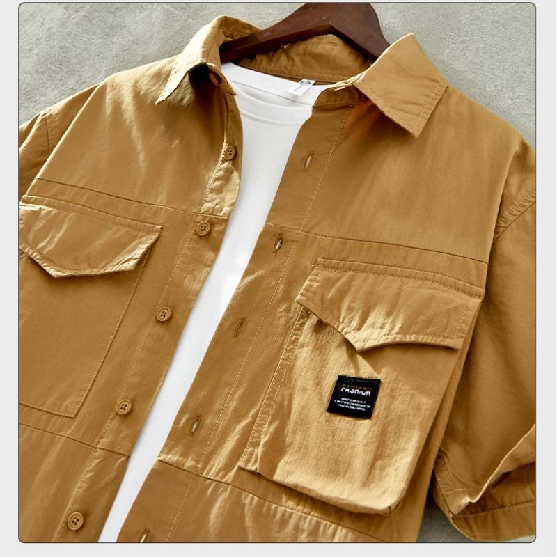 Japanese Style Cargo Short Sleeve Shirt Men Summer Fashion Men Tops Double Pockets Loose Shirt Pure Cotton Comfortable Men Clothing