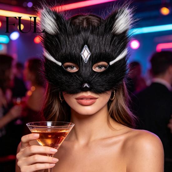 Adjustable Strap Fox Mask Halloween Half Face Mask, Plush Animal Masquerade with Women Girls Cosplay Masks Rhinestone Gems, Party Prop for Ball Props