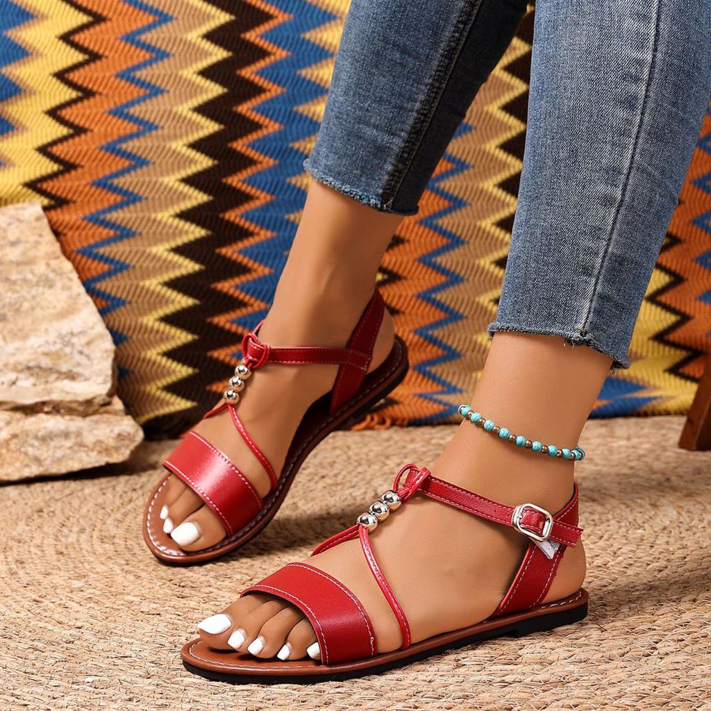 Summer women's flat bottomed casual color single button with rhinestone fish mouth sandals