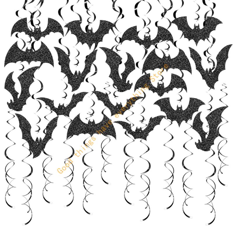 55KF Set of 30 Glittered Bats Swirls Hanging Ornament for Birthday Festival Parties