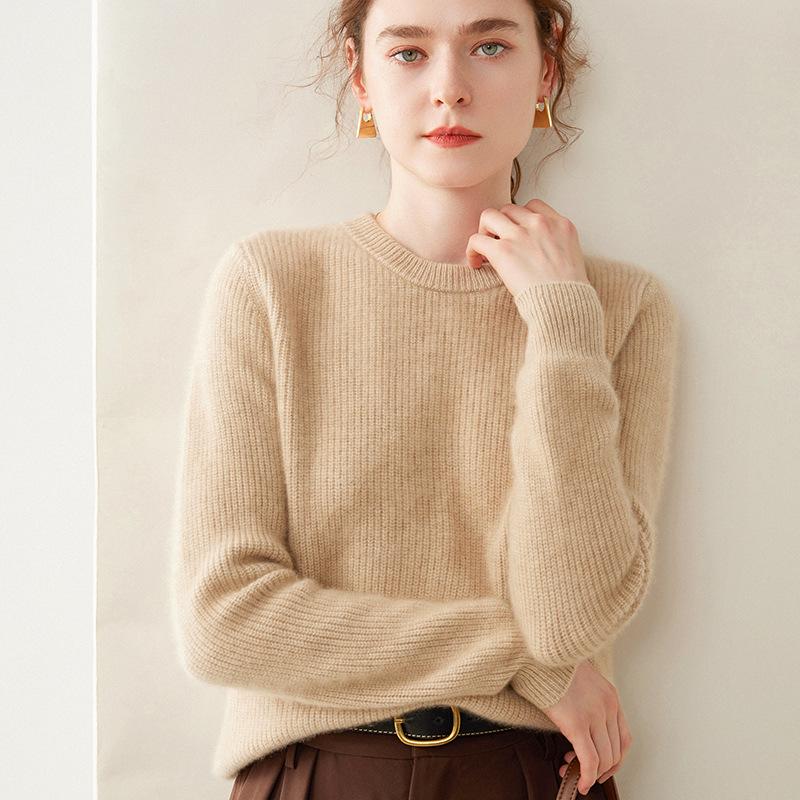 Autumn/Winter 2024 Women's Cashmere Knit Ribbed Sweater – Loose, Slimming, Round Neck Base Layer Top
