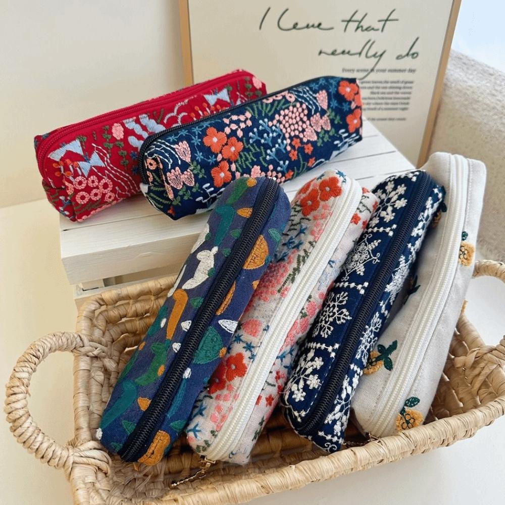 Floral Embroidered Pencil Case Flower Cloth Stationery Bag Korean Style Pen Bag  Stationery Holder