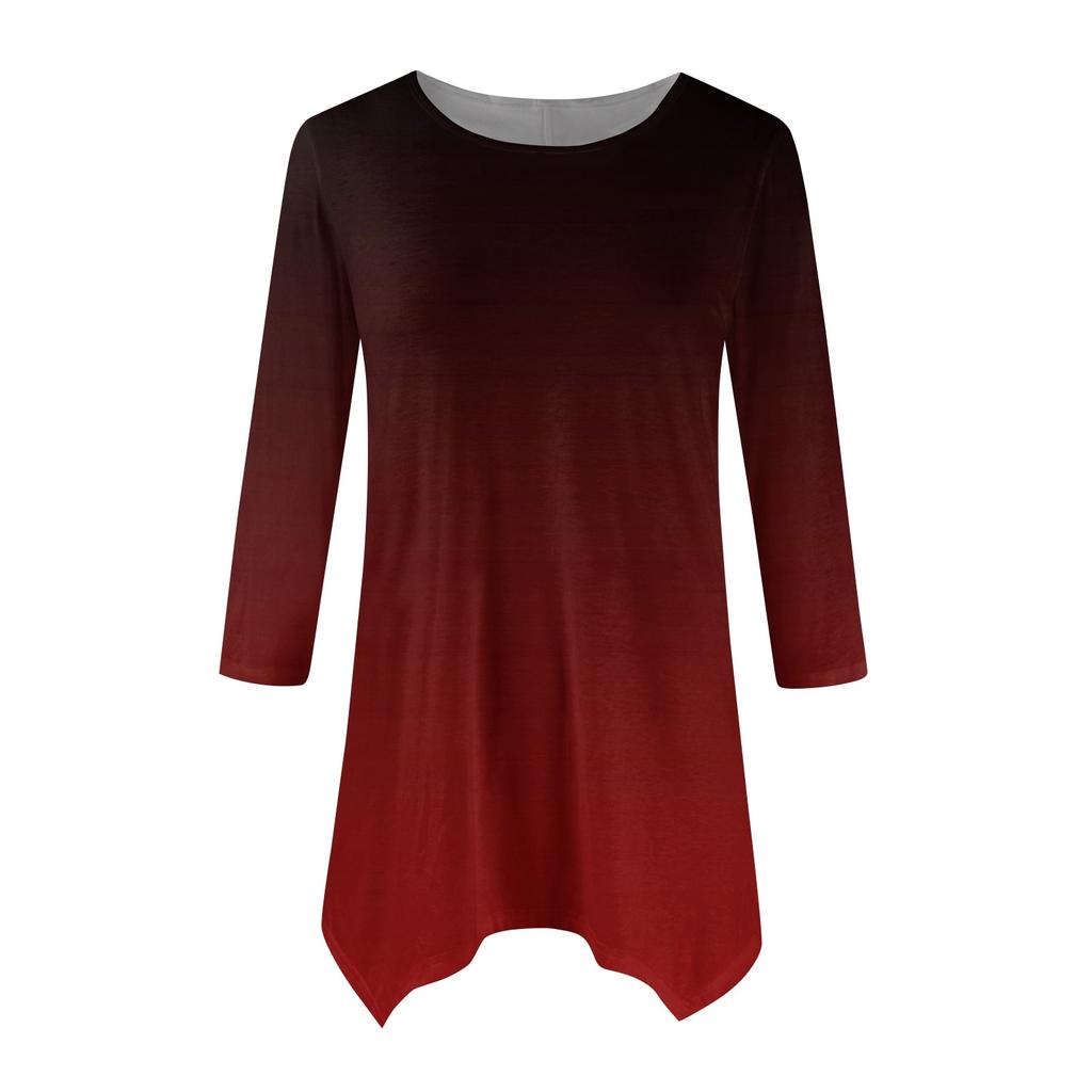 Women's Fashion Casual Crew-neck Gradual Print Seven-point Sleeve Shirt Belted Loose Comfortable Top