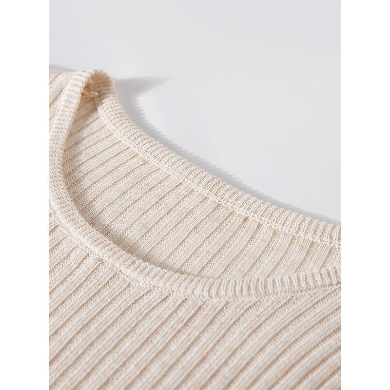 Short-sleeved Knitted Sweater for Women, Summer, Thin, Form-fitting, Drawstring, Cinched Waist T-shirt, Short, Small Fly-sleeved Design Top