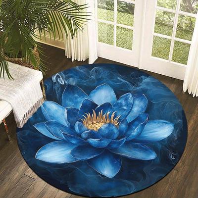 Luxury Deep Blue  Lotus Pattern Round Shape Floor Mats Kitchen Hallway Runner Rug Bedroom Living Room Soft Carpet Non-slip Area Rug