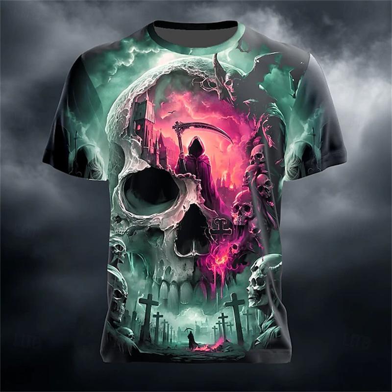 3D Skull Print Flame Skull Graphic Men s T Shirt Fashion Crew Neck Short Sleeve S