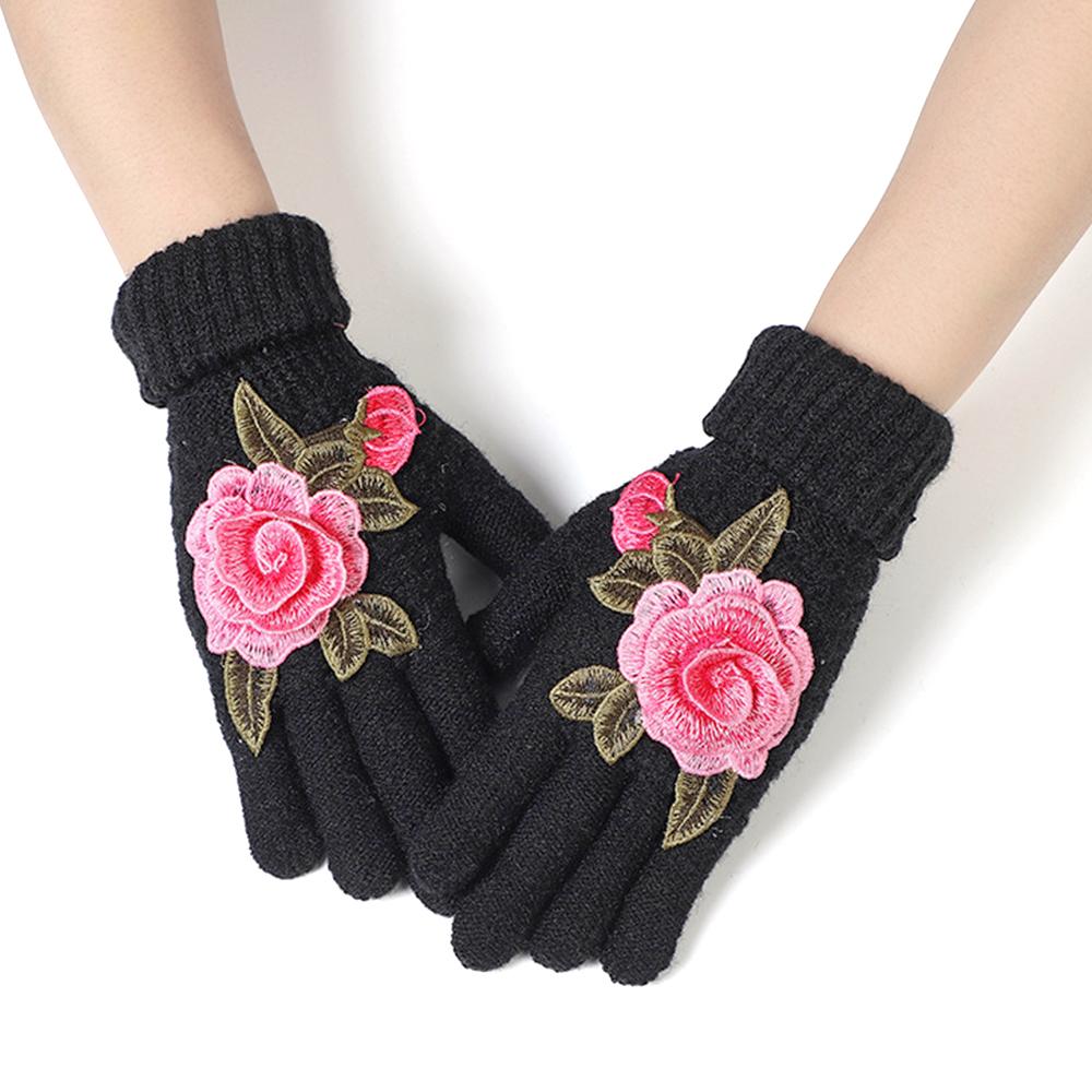 Soft Winter Gloves Embroidered Flower All Finger Gloves Knitted Gloves  Outdoor Cycling Driving