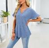 Women's Short Sleeve Henley V Neck Casual Top Loose Fit Ribbed Knit Blouse Tunic
