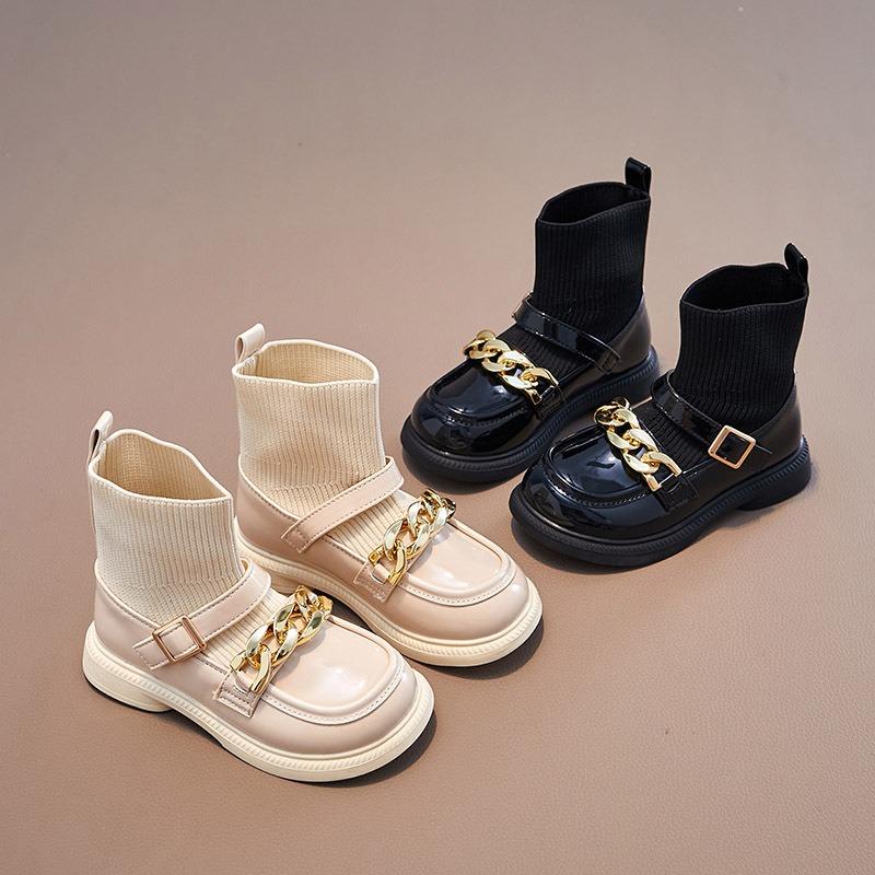 Korean Version of the New Children's Boots British Style Knitted Socks Boots Fashion Chain Foreign Style Princess Leather Boots