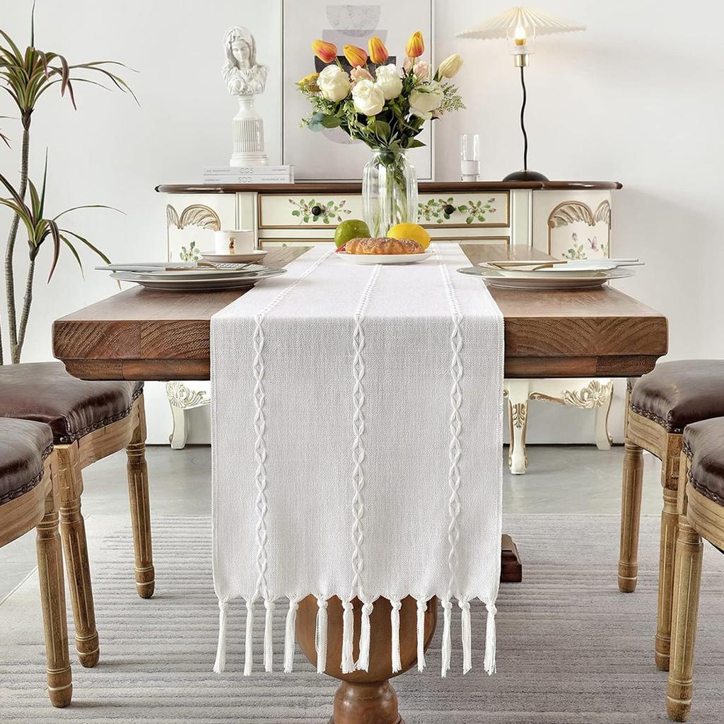 Party, Dresser Decor and Dining Room Decorations Rustic Cotton Linen Table Runner  with Hand-Tassels