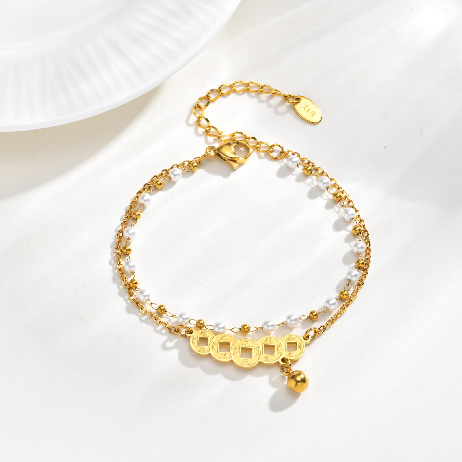 

New Chinese-style National Trend Double-layer Bracelet for Women Five Emperor Coins Beaded Bracelets Lucky Wealth Jewelry Gift